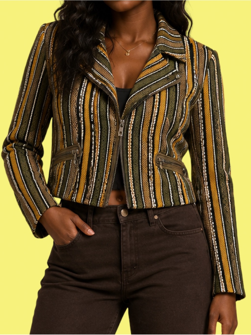 Rosa Chá Striped Knit Cropped Moto Jacket
